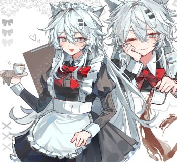 1girl alternate_costume animal_ears apron arknights bin_shousi_chu black_dress clipboard collared_dress cowboy_shot cup dress enmaided fang frilled_apron frills grey_eyes grey_hair hair_between_eyes hair_ornament hairclip hand_on_own_cheek hand_on_own_face highres holding holding_tray juliet_sleeves lappland_(arknights) long_hair long_sleeves looking_at_viewer maid maid_apron maid_headdress multiple_views neck_ribbon one_eye_closed open_mouth puffy_sleeves red_ribbon ribbon scar scar_across_eye scar_on_face smile spilling tray waist_apron white_apron white_background wolf_ears