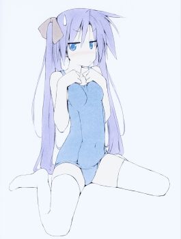 1girl blue_eyes blue_one-piece_swimsuit blush covered_navel highres hiiragi_kagami jitome long_hair looking_at_viewer lucky_star one-piece_swimsuit purple_hair school_swimsuit shiki_59 simple_background sitting solo sweatdrop swimsuit thighhighs v-shaped_eyebrows wariza white_background white_thighhighs