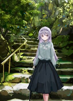 .live 1girl absurdres black_hairband black_skirt black_umbrella carro_pino closed_mouth closed_umbrella collared_shirt commentary_request ebizou_(ebizou00) feet_out_of_frame grey_hair hairband highres holding holding_umbrella light_blush long_hair long_sleeves looking_at_viewer neck_ribbon outdoors pink_eyes railing ribbon shirt shirt_tucked_in skirt solo stairs standing stone_stairs tree umbrella very_long_hair virtual_youtuber white_ribbon white_shirt