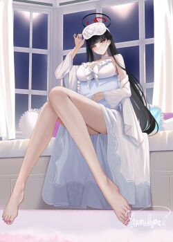 1girl absurdres adjusting_mask alternate_costume babydoll bare_legs bare_shoulders barefoot black_hair black_halo blue_archive blunt_bangs breast_rest breasts bright_pupils choker cleavage commentary_request curtains feet halo highres holding holding_pillow knees_together_feet_apart large_breasts legs long_hair long_legs looking_at_viewer multicolored_halo nail_polish nightgown parted_lips pillow pink_nails red_eyes rio_(blue_archive) robe signature sitting sleep_mask solo thighs toenail_polish toenails toes two-tone_halo very_long_hair white_babydoll white_choker white_nightgown white_pupils white_robe window yamikyon