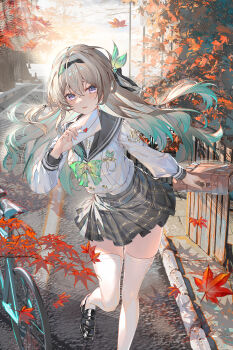 1girl absurdres al_guang bag bicycle black_hairband black_shoes bow bowtie commentary_request envelope firefly_(honkai:_star_rail) firefly_(spring_missive)_(honkai:_star_rail) green_bow green_bowtie green_hair green_streaks grey_hair grey_hairband grey_sailor_collar grey_skirt hair_between_eyes hair_intakes hairband handbag highres holding holding_envelope honkai:_star_rail honkai_(series) leaf loafers long_hair long_sleeves maple_leaf multicolored_hair road sailor_collar school_uniform shirt shoes skirt sky solo standing standing_on_one_leg streaked_hair thighhighs white_shirt white_sleeves white_thighhighs