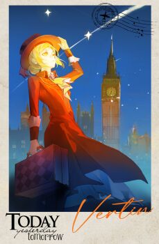 1girl arm_up ascot black_hat black_vest blue_sky boater_hat border brown_border character_name coat collared_shirt commentary elizabeth_tower english_commentary english_text feet_out_of_frame grey_hair hair_bun hand_on_headwear hat highres holding holding_suitcase hydrogen_fish looking_up outdoors postmark red_light reverse:1999 shirt short_hair single_side_bun sky solo sparkle standing suitcase vertin_(reverse:1999) vest waistcoat white_ascot white_shirt