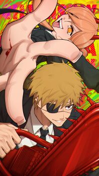 1boy 1girl absurdres artist_name blonde_hair blood brown_eyes chainsaw chainsaw_man choppy_bangs commentary copyright_name cross-shaped_pupils denji_(chainsaw_man) english_commentary eyepatch formal_clothes hair_between_eyes highres long_hair orange_hair power_(chainsaw_man) sharp_teeth short_hair suit symbol-shaped_pupils teeth tettora very_short_hair yellow_eyes