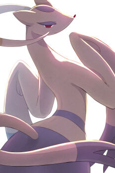 arched_back closed_mouth commentary_request gen_5_pokemon hands_up highres looking_back mienshao nintendo pokemon pokemon_(creature) pokemon_focus red_eyes rumine_(yoshi1234567) solo white_background