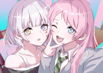 Rule 34 | 2girls, bang dream!, bang dream! it's mygo!!!!!, blue eyes, chihaya anon, grey eyes, haneoka school uniform, heterochromia, highres, houji tea latte, kaname raana, long hair, multiple girls, one eye closed, pink hair, school uniform, short hair, v, v over mouth, white hair, yellow eyes