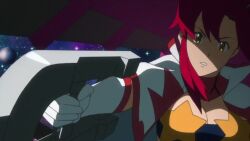 1girl animated anime_screenshot audible_speech blue_eyes bouncing_breasts breasts cleavage darry_adai english_audio explosion gainaxing highres large_breasts mecha pink_hair ponytail red_hair robot sound space_yoko tagme tengen_toppa_gurren_lagann video yellow_eyes yoko_littner