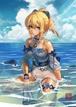 1girl arm_support bare_shoulders beach black_footwear blonde_hair blouse blue_eyes blue_shirt blue_sky cloud daniel_deng detached_sleeves genshin_impact hair_between_eyes high-waist_shorts high_heels high_ponytail highres in_water jean_(genshin_impact) jean_(sea_breeze_dandelion)_(genshin_impact) official_alternate_costume partially_submerged ponytail shirt shore shorts sidelocks sky thigh_strap thighs wet white_shorts