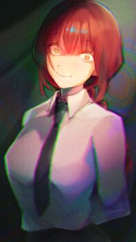 Rule 34 | 1girl, absurdres, arms behind back, black necktie, braid, breasts, chainsaw man, chromatic aberration, closed mouth, collared shirt, commentary, crazy smile, heavy chromatic aberration, highres, hito (maruhito), large breasts, long hair, long sleeves, looking at viewer, makima (chainsaw man), necktie, partially shaded face, ringed eyes, shirt, single braid, smile, solo, upper body, white shirt, wide-eyed, yellow eyes