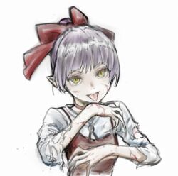 Rule 34 | 1girl, bleeding, blood, choker, dress, gegege no kitarou, looking at viewer, nekomusume, nekomusume (gegege no kitarou 6), pointy ears, purple hair, red choker, red dress, scratches, short hair, simple background, sketch, slit pupils, solo, teri terio, tongue, tongue out, torn clothes, upper body, white background, yellow eyes