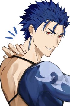 Rule 34 | 1boy, alternate hair length, alternate hairstyle, blue hair, commentary request, cu chulainn (fate), earrings, fate/grand order, fate (series), highres, igote, jewelry, long hair, looking at viewer, looking back, male focus, red eyes, short hair, simple background, solo, tuna sss15, upper body, white background