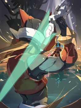 2boys absurdres android armor blonde_hair commentary_request confrontation energy_sword forehead_jewel glowing glowing_eyes helmet highres holding holding_sword holding_weapon long_hair mega_man_(series) mega_man_zero_(series) multiple_boys omega_(mega_man) omochi_(mochi_skymega) ponytail red_armor sword water weapon z_saber zero(z)_(mega_man) zero_(mega_man)