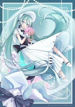 Rule 34 | 1girl, ahoge, aqua eyes, aqua hair, aqua nails, black ribbon, bodice, bow, breasts, collar, commentary request, dress, fingernails, flower, footwear bow, frilled skirt, frills, full body, hair flower, hair ornament, hatsune miku, headdress, highres, holding, holding flower, layered skirt, long hair, long skirt, looking at viewer, miku symphony (vocaloid), nagitofuu, nail polish, pink flower, pink rose, ribbon, rose, skirt, sleeveless, sleeveless dress, slippers, twintails, very long hair, vocaloid, white bow, white collar, white headdress, white skirt, white slippers, wrist cuffs