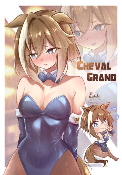 1girl animal_ears arm_warmers bare_shoulders blue_bow blue_bowtie blue_eyes blue_leotard blue_sleeves blush bow bowtie breasts brown_hair cheval_grand_(umamusume) cleavage closed_mouth covered_navel detached_collar detached_sleeves hair_between_eyes highres horse_ears horse_girl horse_tail leotard looking_at_viewer medium_breasts multicolored_hair pantyhose quyyaq streaked_hair sweatdrop tail tongue tongue_out umamusume white_hair