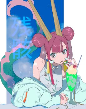 Rule 34 | absurdres, bandaid, bandaid on hand, cherry, commentary request, double bun, dragon girl, dragon horns, dragon tail, drinking straw, food, fruit, hair bun, highres, himuro yukichiko, horns, ice cream, ice cream float, original, signature, sleeveless, tail