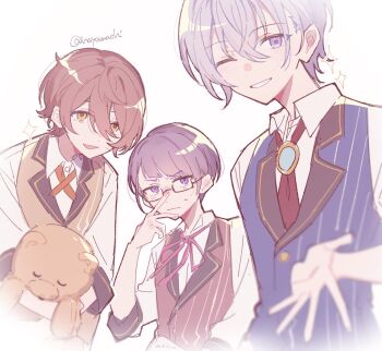 3boys adjusting_eyewear artist_name blue_vest brown_eyes brown_hair finger_on_eyewear genderswap genderswap_(ftm) glasses grey_hair grin hayamachi holding holding_stuffed_toy idolmaster idolmaster_shiny_colors lapels looking_at_viewer male_focus multiple_boys neck_ribbon notched_lapels one_eye_closed osaki_tenka purple_eyes purple_hair red_vest ribbon semi-rimless_eyewear short_hair smile stuffed_animal stuffed_toy suzuki_hana tanaka_mamimi teddy_bear twitter_username under-rim_eyewear vest white_background