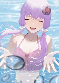 Rule 34 | 1girl, ;d, absurdres, bikini, breasts, cleavage, commentary request, hair ornament, highres, long hair, low twintails, medium breasts, navel, nofakeuk, ocean, one eye closed, open mouth, outdoors, partially submerged, purple bikini, purple eyes, purple hair, smile, solo, splashing, stomach, swimsuit, twintails, upper body, vocaloid, voiceroid, water, yuzuki yukari
