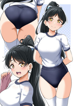 1girl ass black_hair blush breasts buruma commentary gym_uniform hair_ribbon hazuki_ren high_ponytail highres holding holding_towel large_breasts long_hair looking_at_viewer love_live! love_live!_superstar!! multiple_views ponytail ribbon sweat towel yellow_eyes yopparai_oni