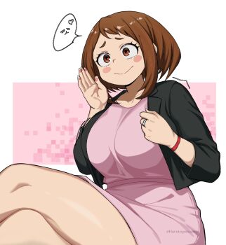 1girl black_jacket blush blush_stickers boku_no_hero_academia bracelet breasts brown_eyes brown_hair collarbone commentary_request crossed_legs curvy dress hand_up harutoyumaarts highres jacket jewelry large_breasts open_clothes open_jacket pink_dress plump ring short_hair sidelocks simple_background smile solo thighs uraraka_ochako white_background