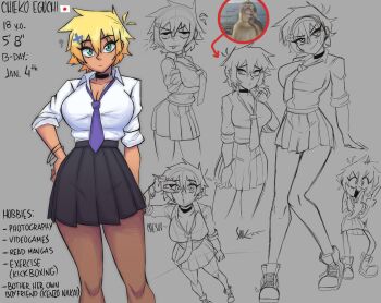 1girl ? ahoge arms_under_breasts artist_name black_choker black_skirt blonde_hair bracelet breasts character_profile choker closed_mouth crossed_arms dark-skinned_female dark_skin detached_ahoge ekowrosmi full_body green_eyes grey_background hair_ornament hand_on_own_hip highres jewelry large_breasts looking_at_viewer middle_finger monkey necktie open_mouth original pleated_skirt profile purple_necktie shirt signature simple_background sketch skirt smile smug solo tan thighhighs tomboy v white_shirt