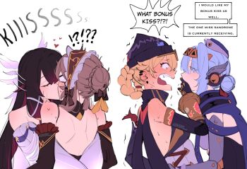 !? 4girls android backless_dress backless_outfit bare_shoulders black_gloves black_hair black_jacket blonde_hair blue_eyes blue_hair blush bonnet braid braided_hair_rings brown_hair bvbu closed_eyes columbina_(genshin_impact) commentary detached_sleeves dress ear_piercing english_commentary english_text eye_contact fang freckles genshin_impact gloves hair_rings hat heart highres hug ineffa_(genshin_impact) jacket jahoda_(genshin_impact) kiss looking_at_another multiple_girls piercing purple_eyes purple_hat purple_streaks rejected_kiss sandrone_(genshin_impact) shoulder_blades simple_background sleeveless sleeveless_jacket speech_bubble trembling white_background yellow_eyes yuri