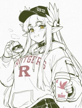 1girl arknights blush burger caffichai choker closed_mouth clothes_writing commentary commission cup drawstring english_commentary food food_on_face highres holding holding_burger holding_cup holding_food hood hood_down hoodie long_hair long_sleeves looking_at_viewer muelsyse_(arknights) my_chemical_romance pocket pointy_ears simple_background solo upper_body white_background yellow_eyes