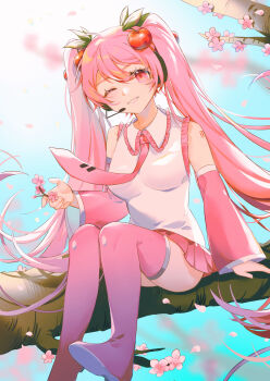 1girl absurdres ariko_(aaaaarik) blush branch breasts cherry_blossoms cherry_hair_ornament collared_shirt commentary_request detached_sleeves flower food-themed_hair_ornament full_body hair_between_eyes hair_ornament hatsune_miku headphones headset highres long_hair long_legs long_sleeves looking_at_viewer medium_breasts miniskirt necktie official_alternate_costume one_eye_closed pink_eyes pink_flower pink_hair pink_necktie pink_skirt pleated_skirt reaching reaching_towards_viewer sakura_miku shirt sitting sitting_on_branch skirt sleeveless sleeveless_shirt solo spring_(season) thighhighs tie_clip twintails very_long_hair vocaloid white_trim wide_sleeves zettai_ryouiki