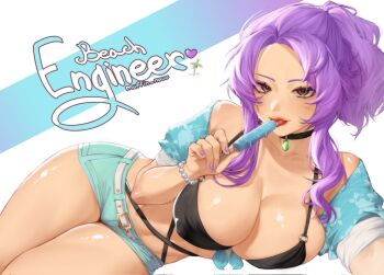 1girl animification aqua_shorts backlighting bare_arms bare_shoulders bikini black_bikini black_choker blue_shirt breast_press breasts brown_eyes character_name choker cleavage collarbone commentary corrupted_twitter_file covered_erect_nipples cowboy_shot curtained_hair denim denim_shorts dutch_angle eating engineer_(tower_defense_simulator) english_commentary eyeshadow film_grain floral_print_shirt food forehead freckles front-tie_top gem green_gem hand_up heart high_ponytail highres holding holding_food holding_popsicle lips long_sidelocks looking_at_viewer lying makeup medium_breasts micro_shorts muffin_nouo nail_polish o-ring o-ring_bikini official_alternate_costume on_side open_clothes open_shirt ponytail popsicle puffy_short_sleeves puffy_sleeves purple_eyeshadow purple_hair purple_nails red_lips roblox shiny_skin shirt short_hair_with_long_locks short_sleeves shorts sidelocks simple_background solo sparkle stomach swimsuit thighs tongue tongue_out tower_defense_simulator tsurime twisted_torso twitter_username white_background