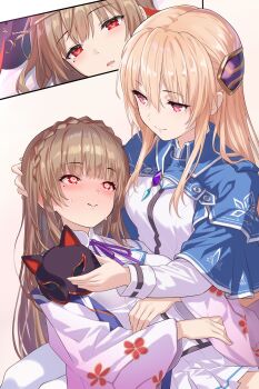 2girls blonde_hair blush braid breasts brown_hair carrying closed_eyes commentary_request fox_mask hair_ornament hair_ribbon heaven_burns_red highres japanese_clothes kimono kiryuu_miya long_hair looking_at_another mask mask_on_head medium_breasts mole mole_under_eye multiple_girls netarou_(shinra) red_eyes ribbon school_uniform shirakawa_yuina smile sweat yuri