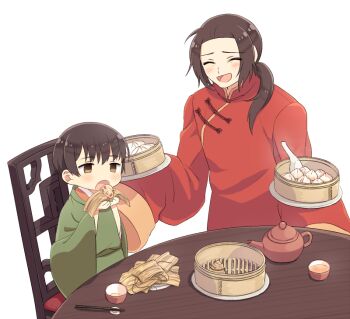 2boys aged_down axis_powers_hetalia black_hair blush brown_eyes chair changpao child china_(hetalia) chinese_clothes chopsticks closed_eyes commentary_request cookie cup empty_eyes food green_kimono hands_up holding holding_food holding_plate japan_(hetalia) japanese_clothes kettle kimono long_hair long_sleeves looking_at_food low_ponytail male_focus mandarin_collar multiple_boys on_chair open_mouth plate ponytail red_shirt shirt short_hair sidelocks simple_background smile standing steamed_bun table tamaki_(q_tamaki) tea white_background wide_sleeves