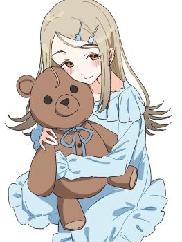 1girl blonde_hair blue_nightgown blush closed_mouth colored_eyelashes commentary_request earrings flipped_hair full_body fumi_tsu_ki gakuen_idolmaster gradient_hair grey_hair hair_ornament hairclip highres holding holding_stuffed_toy idolmaster jewelry long_hair long_sleeves looking_at_viewer multicolored_hair nightgown orange_eyes parallel_hairclips shinosawa_hiro simple_background sitting smile solo split_mouth stud_earrings stuffed_animal stuffed_toy swept_bangs teddy_bear wariza white_background