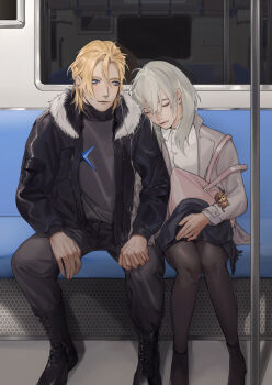 1boy 1girl absurdres alternate_costume bag black_boots black_jacket black_pantyhose black_shoes black_skirt blonde_hair blue_eyes boots contemporary dimitri_alexandre_blaiddyd dimitri_alexandre_blaiddyd_(timeskip) female_byleth_(awakened)_(fire_emblem) female_byleth_(fire_emblem) fire_emblem fire_emblem:_three_houses fur-trimmed_jacket fur_trim green_hair hair_between_eyes hand_grip head_on_another&#039;s_shoulder hetero highres jacket knee_boots knees long_sleeves medium_hair nintendo no_eyepatch open_clothes open_jacket owl_taro pantyhose reflection shoes short_hair shoulder_bag sitting skirt sleeping sleeping_upright train_interior