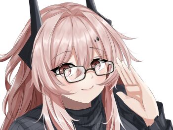 1girl arknights bespectacled black-framed_eyewear black_horns closed_mouth commentary glasses hair_between_eyes hand_up highres horns light_blush long_hair long_sleeves looking_at_viewer phap2000 pink_eyes pink_hair portrait rectangular_eyewear simple_background smile solo symbol-only_commentary theresa_(arknights) twitter_username watermark waving white_background