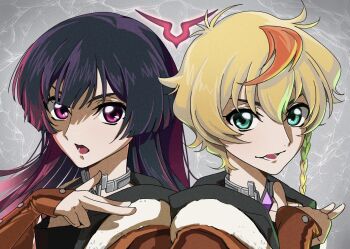 2girls black_hair blonde_hair braid braided_sidelock brown_jacket code_geass code_geass:_dakkan_no_roze collar commentary_request dual_persona finger_gun geass green_eyes grey_background hair_between_eyes hood hood_down hooded_jacket jacket long_hair long_sleeves looking_at_viewer mamagoto925 metal_collar multicolored_hair multiple_girls open_mouth pink_eyes roze_(code_geass) short_hair single_sidelock sleeves_past_wrists streaked_hair sumeragi_sakuya upper_body