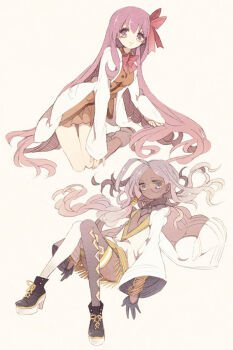 10s 2girls ahoge bindi dark-skinned_female dark_skin facial_mark fate/extra fate_(series) forehead_mark glasses guilty lab_coat long_hair matou_sakura matou_sakura_(fate/extra) multiple_girls purple_eyes purple_hair rani_viii thighhighs tsumi_guilty very_long_hair