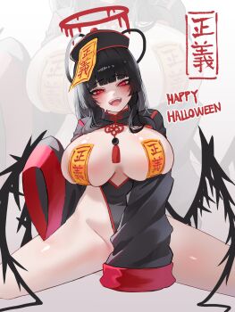 1girl alternate_costume antenna_hair black_dress black_hair black_hat black_wings blue_archive blunt_bangs blush breast_cutout breasts dress halo hat highres huge_breasts jiangshi looking_at_viewer musclexm ofuda ofuda_on_head ofuda_on_nipples open_mouth pasties pelvic_curtain red_eyes red_halo sidelocks sleeves_past_fingers sleeves_past_wrists solo tsurugi_(blue_archive) wings