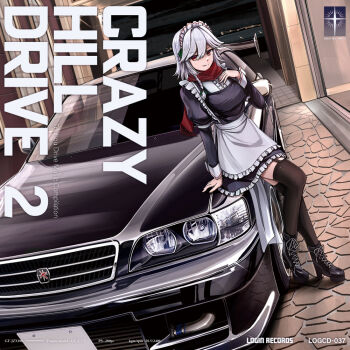 1girl 3books album_cover album_name apron black_car boots bow braid brown_boots brown_thighhighs car circle_name closed_mouth commentary_request cover english_text garter_straps green_bow grey_hair hair_bow high_heel_boots high_heels izayoi_sakuya juliet_sleeves leaning_on_object login_records long_hair long_sleeves looking_at_viewer maid maid_headdress motor_vehicle orange_eyes puffy_sleeves red_scarf scarf second-party_source smile solo thighhighs touhou twin_braids waist_apron white_apron