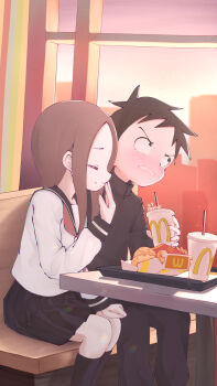 Rule 34 | 1boy, 1girl, black hair, black jacket, black pants, black sailor collar, black skirt, black socks, blush, brown hair, clenched teeth, closed eyes, commentary, drink, drinking straw, gakuran, grin, highres, holding, holding drink, indoors, jacket, karakai jouzu no takagi-san, long hair, long sleeves, mcdonald's, neckerchief, nishikata, pants, red neckerchief, sailor collar, school uniform, serafuku, shirt, short hair, sitting, skirt, smile, socks, takagi-san, teeth, white shirt, xarkuwn