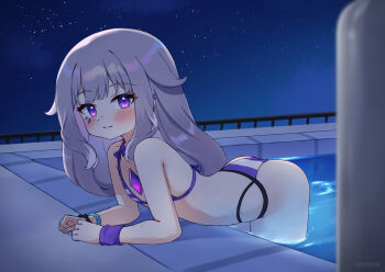 1girl alternate_costume artist_name ass bikini blush chest_jewel closed_mouth commentary english_commentary flat_chest gem gevuxx grey_hair highres hololive hololive_english koseki_bijou long_hair looking_at_viewer multicolored_bikini night night_sky outdoors pool poolside purple_bikini purple_eyes sky smile solo star_(sky) starry_sky striped_bikini striped_clothes swimsuit thighs two-tone_bikini virtual_youtuber white_bikini wristband