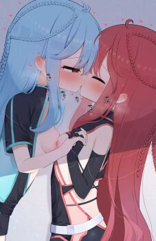 Rule 34 | 2girls, bemani, blue hair, blush, braid, breast press, breasts, closed eyes, commentary request, commission, copyright request, french kiss, highres, hinabita, holding hands, kiss, long hair, multiple girls, nipples, paid reward available, red hair, shinonome kokona, shinonome natsuhi, skeb commission, small breasts, symmetrical docking, waon (43ctw), yuri