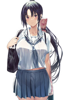 1girl absurdres bag black_hair blush breast_pocket breasts closed_mouth collarbone cowboy_shot grey_skirt highres hiiragi_yuuichi large_breasts long_hair looking_at_viewer navel original pleated_skirt pocket ponytail red_eyes school_uniform serafuku shirt short_hair shoulder_bag skirt smile white_background white_shirt