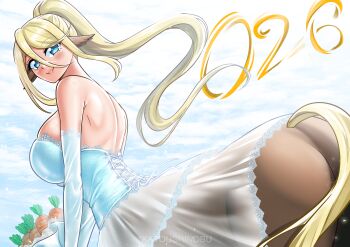 1girl 2026 absurdres alternate_costume animal_ears artist_name ass bare_shoulders blonde_hair blue_eyes bouquet breasts carrot centaur centorea_shianus chinese_zodiac closed_mouth commentary cowboy_shot dress english_commentary floating_hair flower hair_between_eyes highres holding holding_bouquet horse_ears horse_tail katou_shinobu large_breasts long_hair looking_at_viewer monster_girl monster_musume_no_iru_nichijou pointy_ears ponytail see-through_clothes see-through_dress sideboob sidelocks smile solo standing strapless strapless_dress tail taur very_long_hair white_dress year_of_the_horse