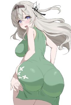 1girl absurdres akatana_(ewokakitaindes) ass blush breasts commentary dress firefly_(honkai:_star_rail) from_behind green_dress grey_hair hairband highres honkai:_star_rail honkai_(series) large_breasts long_hair looking_at_viewer looking_back open_mouth purple_eyes simple_background solo white_background