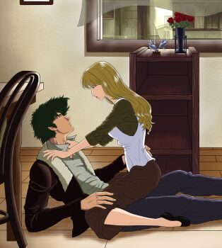 1boy 1girl blonde_hair blue_eyes brown_eyes couple cowboy_bebop cowgirl_position curls flower green_hair highres jacket julia_(cowboy_bebop) leather leather_jacket nekro-comix rose skirt spike_spiegel straddling sweater turtleneck turtleneck_sweater