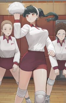 3girls absurdres ball black_hair breasts brown_hair dolri floating_hair gym gym_shirt gym_shorts highres indoors large_breasts long_hair multiple_girls ponytail punching red_eyes red_shorts shirt short_shorts shorts sportswear spy_x_family volleyball volleyball_(object) volleyball_uniform white_shirt yor_briar