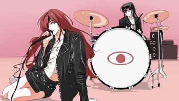 1boy 1girl apt._(rose_&amp;_bruno_mars) black_jacket black_skirt brown_hair drum drum_set drumsticks eye_print eye_symbol eyepatch highres holding holding_drumsticks holding_microphone hwa_ryun instrument jacket jyu_viole_grace long_hair long_sleeves looking_at_viewer microphone miniskirt music one_eye_covered original parody pink_background playing_instrument red_eyes red_hair sanasanase shirt singing skirt stage sunglasses thighs tower_of_god twenty-fifth_bam white_shirt