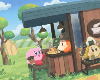 :d blue_eyes blue_sky blush_stickers cafe cloud commentary_request cup day food kirby kirby_(series) miclot nintendo no_humans onigiri open_clothes open_mouth outdoors sky smile tree waddle_dee