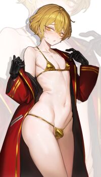 1boy alfnfmd bikini blonde_hair blush commentary gold_bikini short_hair sinclair_(project_moon) solo swimsuit trap untranslatable_commentary