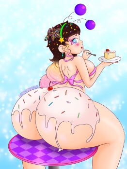 antennae artist_name ass back blonde_hair blue_background blue_eyes blush breasts brown_hair cake cake_slice cherry completely_nude dimples_of_venus earrings fake_antennae food fork from_behind fruit heart highres holding holding_cake holding_food holding_fork holding_plate huge_ass icing icing_on_ass icing_on_body jewelry kaylie_(luchosworld) large_breasts long_hair looking_at_viewer looking_back luchosworld multicolored_hair navel nude open_mouth original pink_hair pink_ribbon plate plump ribbon shiny_skin sitting sitting_on_table smile sprinkles star_(symbol) star_in_eye strawberry strawberry_shortcake symbol_in_eye wide_hips