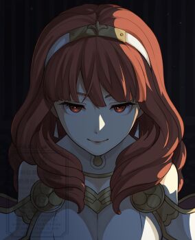 1girl ak_87_kt armor bare_shoulders breasts celica_(fire_emblem) cleavage closed_mouth dress earrings fire_emblem fire_emblem_echoes:_shadows_of_valentia hairband highres jewelry large_breasts long_hair looking_at_viewer nintendo orange_eyes orange_hair red_eyes red_hair simple_background smile solo upper_body white_armor white_dress
