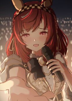 1girl absurdres alternate_costume blush braid breasts brown_hair buena_vista_(umamusume) commentary_request crying crying_with_eyes_open eakon_7bit hairband highres horse_girl long_hair medium_breasts microphone music open_mouth purple_eyes reaching reaching_towards_viewer ribbon scene_reference singing solo stage tears umamusume